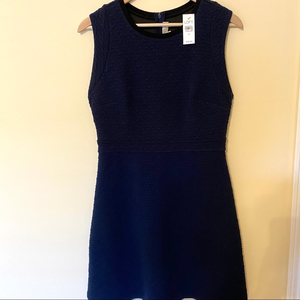 LOFT Navy Blue Textured Sleeveless Career Dress